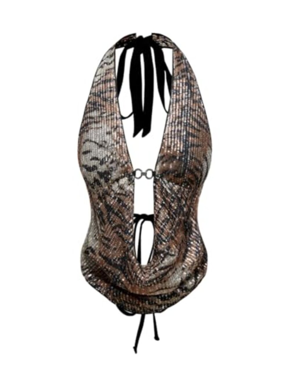 Y2K Cheetah Sequin Crop Top Tie Back Corset Halter Tank Top